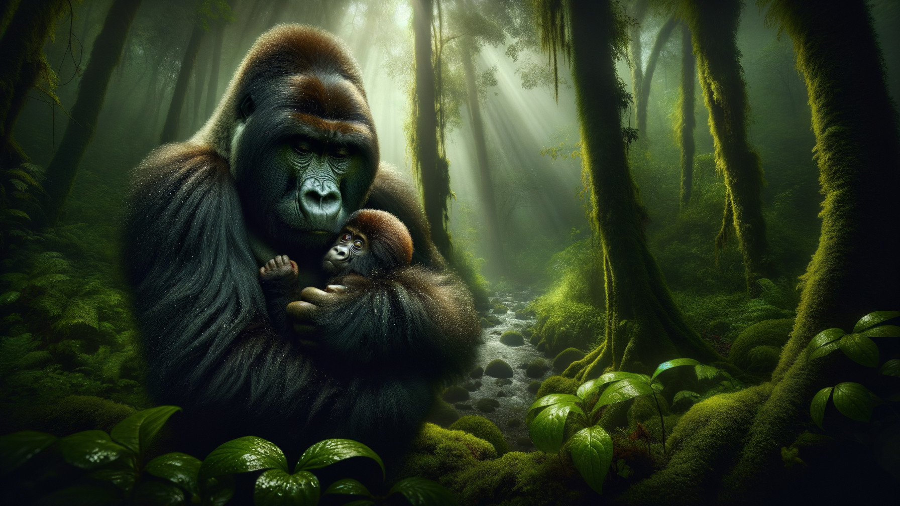Gorilla Mother and Baby in Misty Rainforest Setting