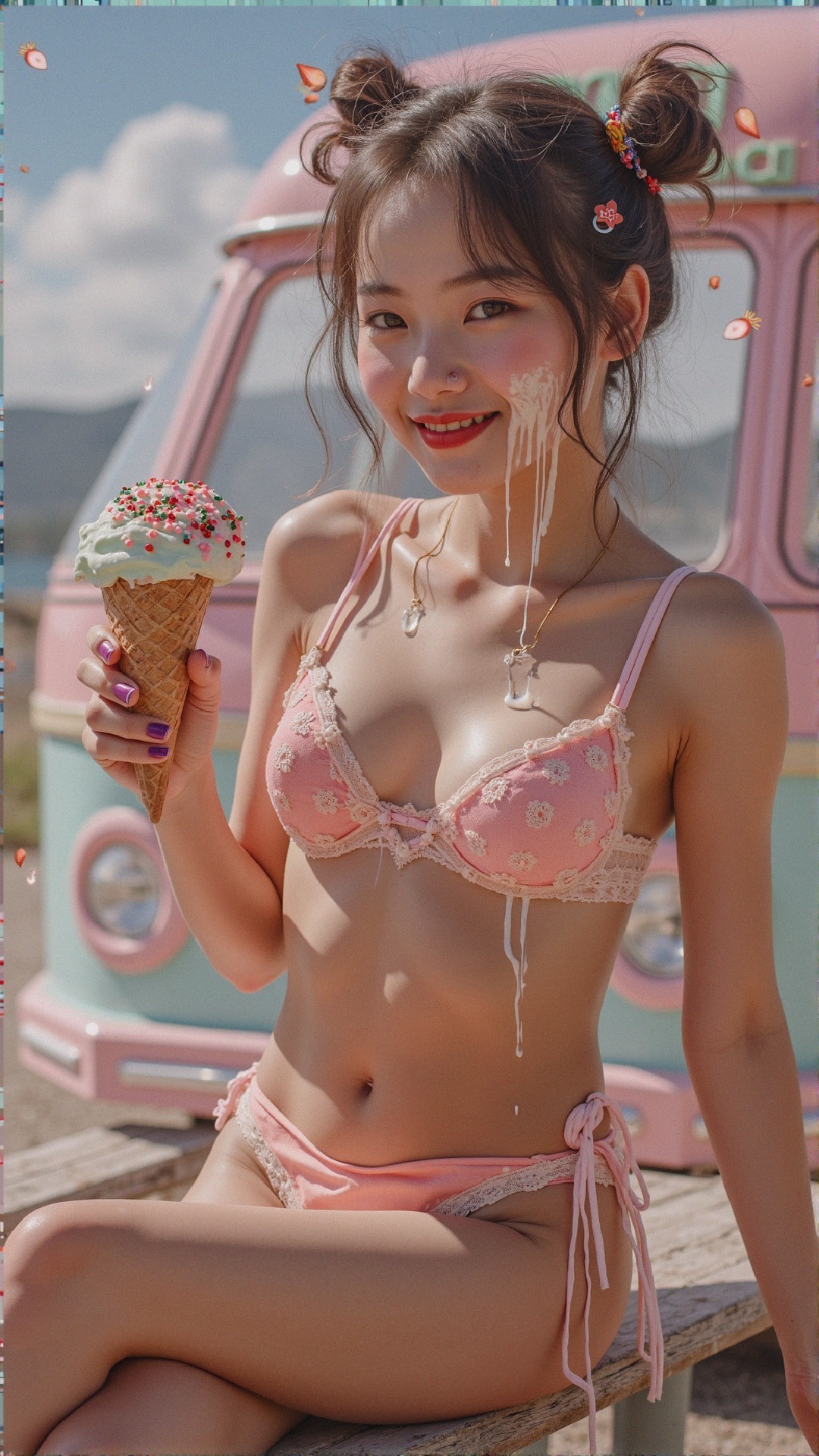 Young woman in pink bikini with ice cream cone