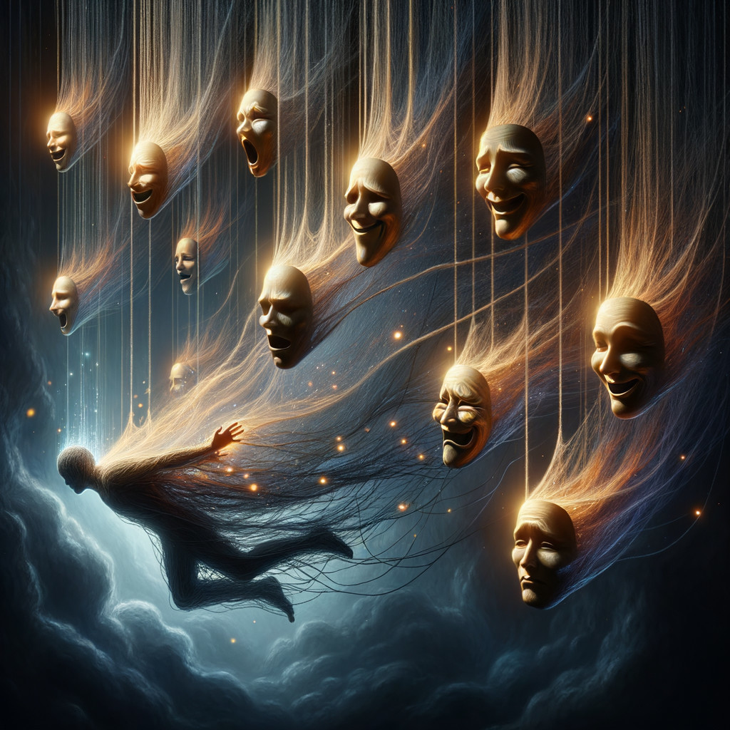 Surreal Scene of Ascending Figure and Ghostly Masks