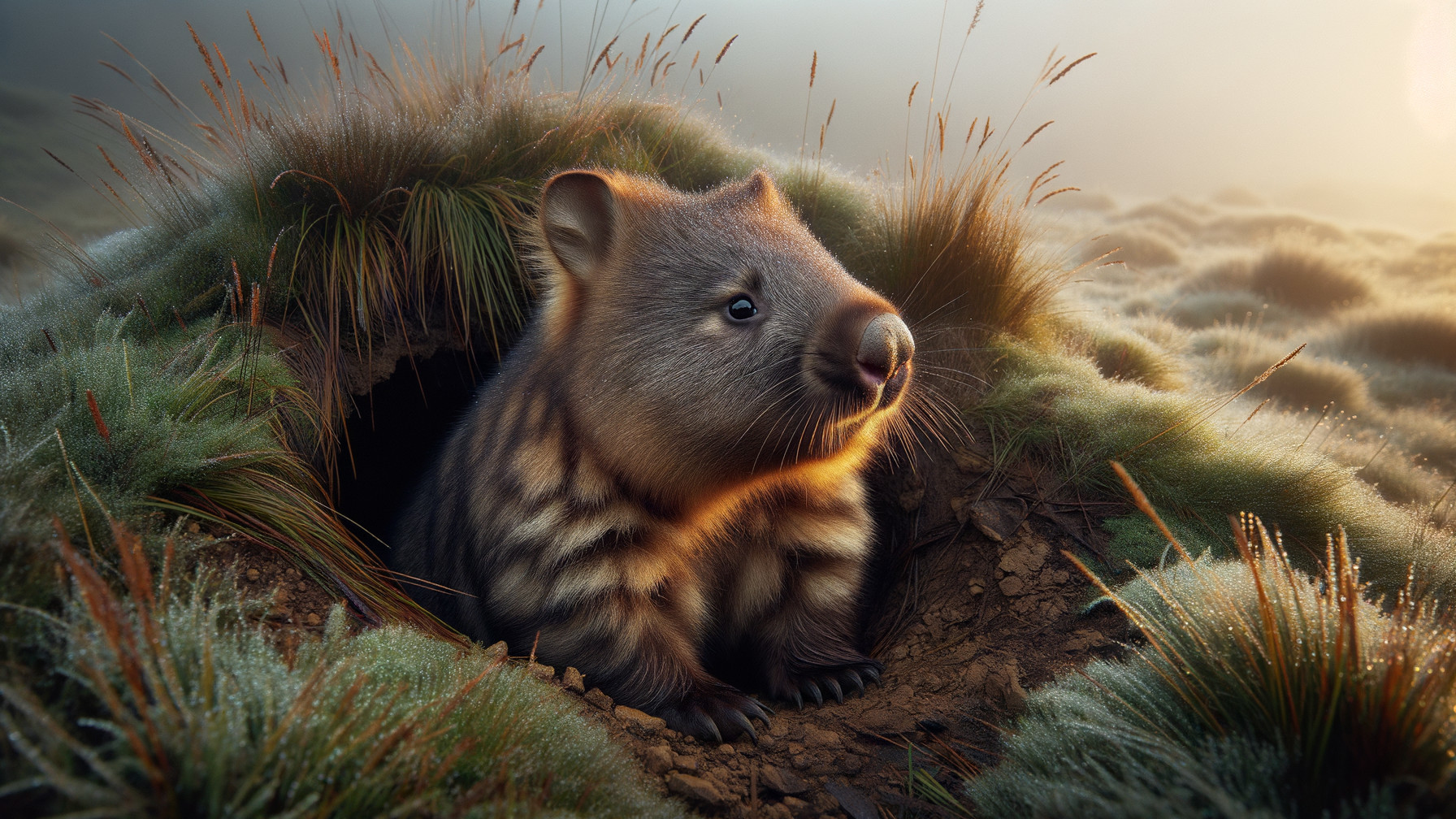 Wombat Emerging from Burrow in Lush Green Grass