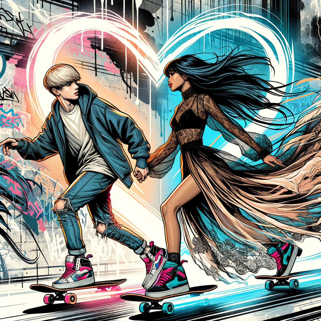 Couple Skating in Graffiti-Filled Urban Landscape