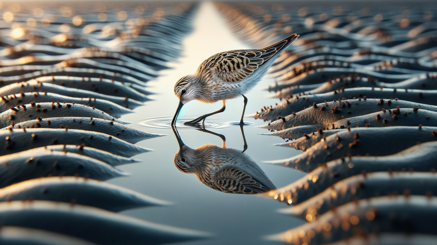 Shorebird Feeding on Reflective Water Surface at Sunset