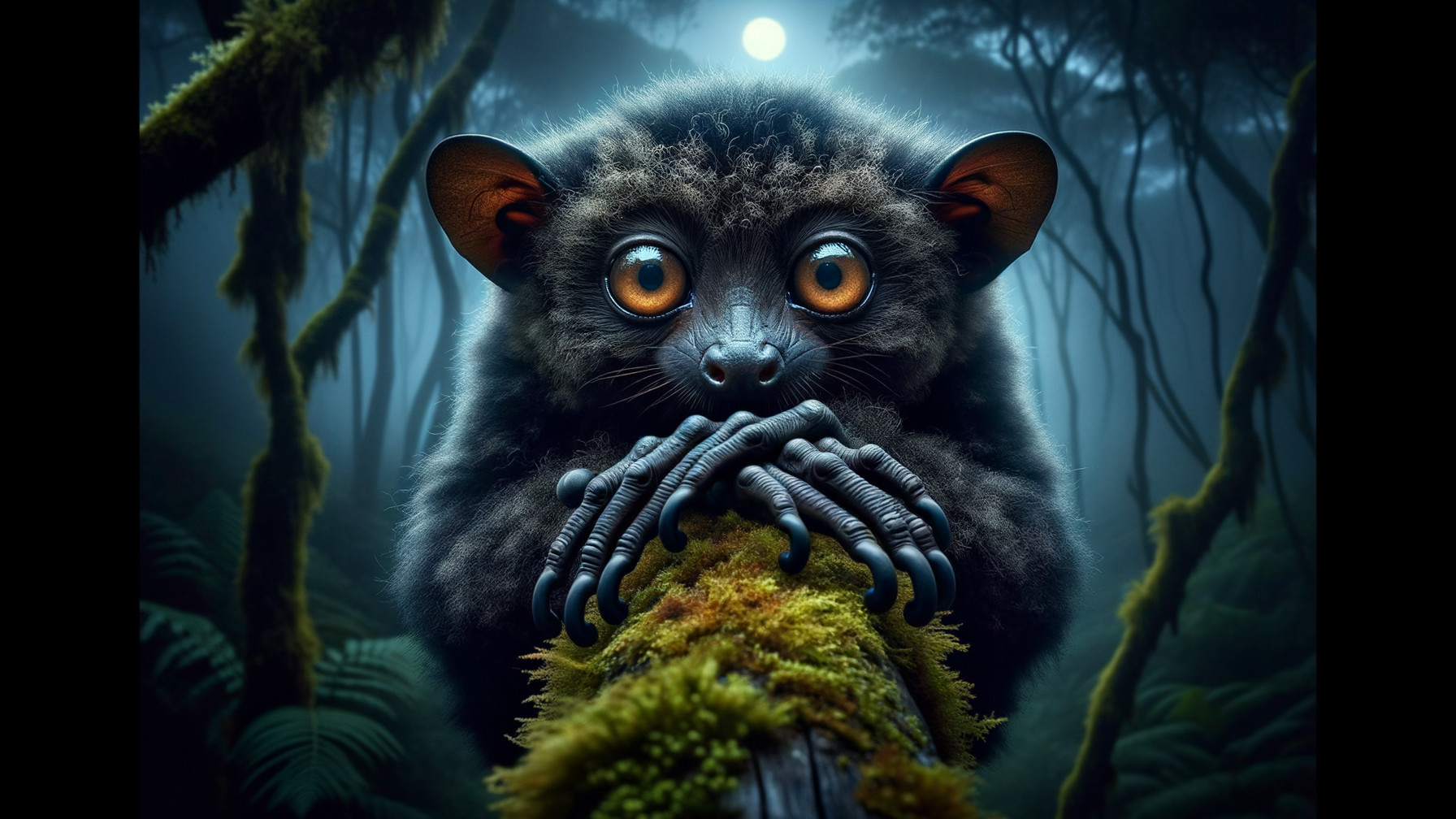 Mystical Forest Creature with Orange Eyes on Log