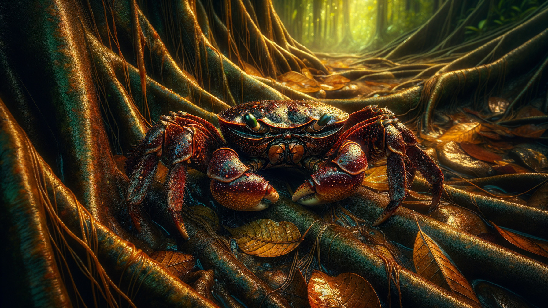 Vibrant Crab Among Tree Roots in Lush Environment