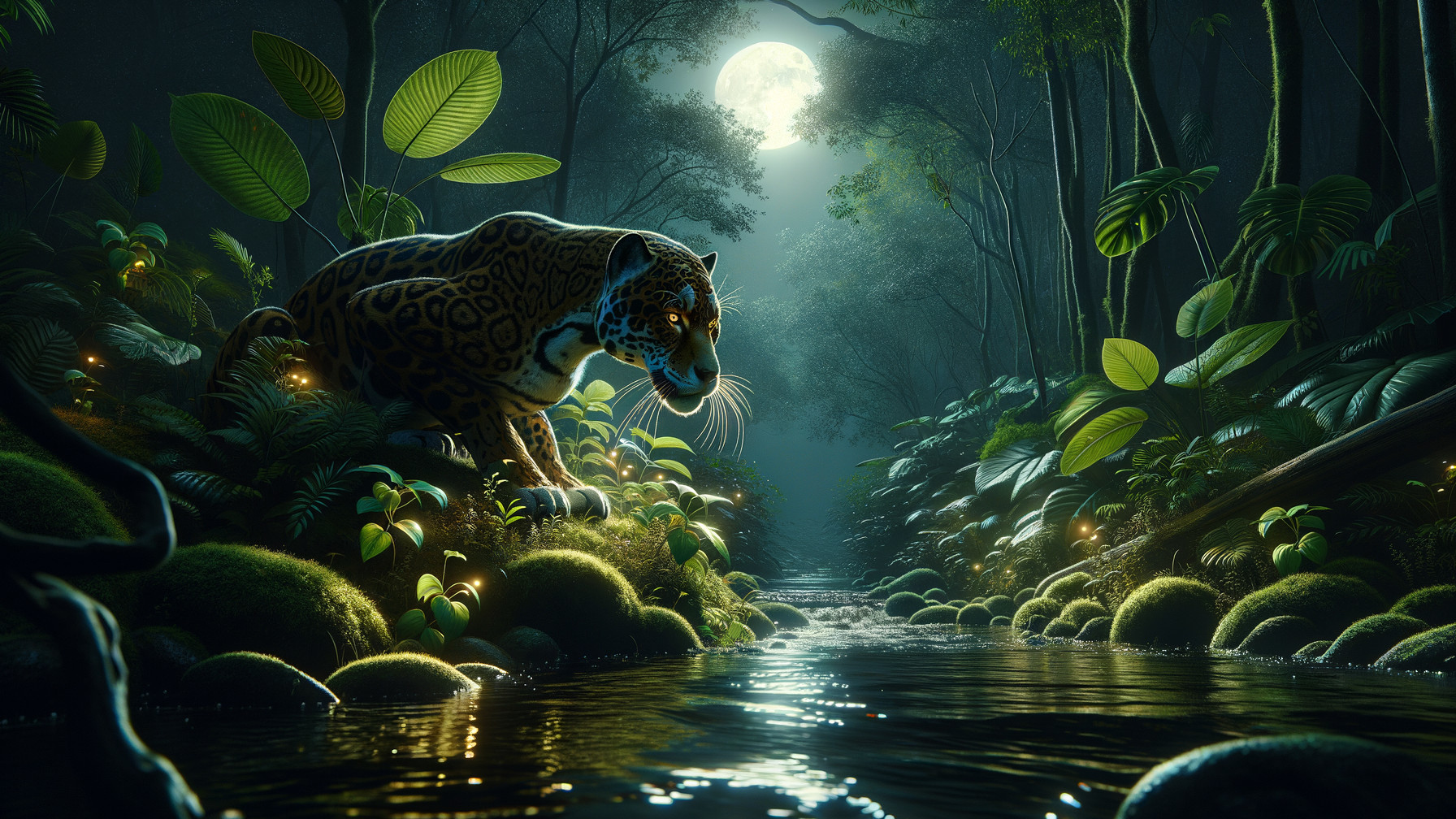 Jaguar in Moonlit Jungle by a Shimmering Stream