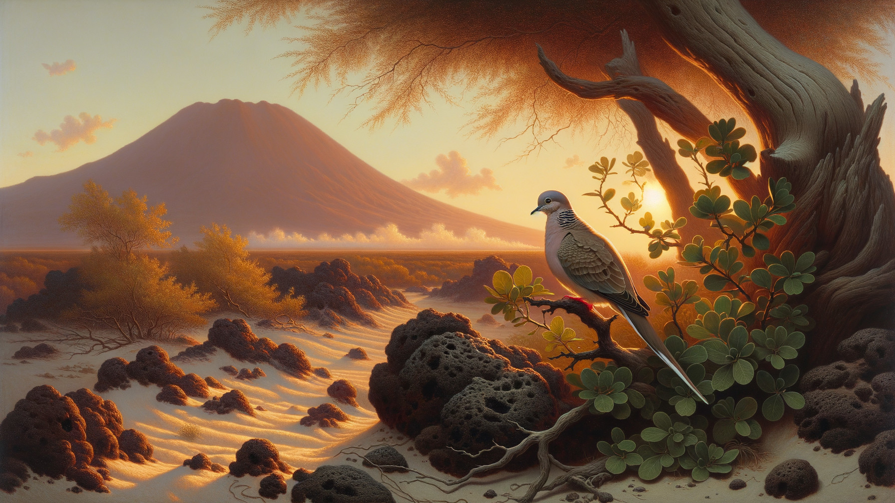 Volcanic Mountain Landscape with Bird and Foliage