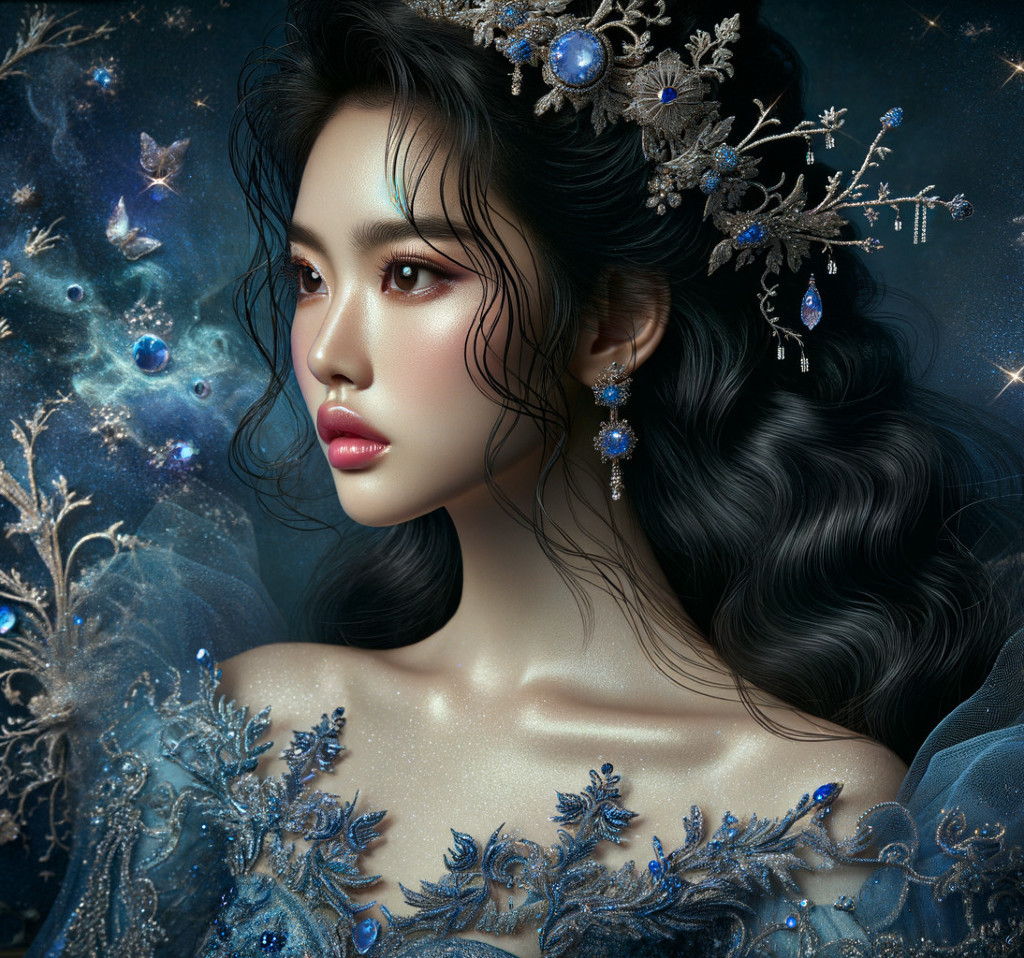Portrait of a Woman in Blue Gown with Cosmic Background