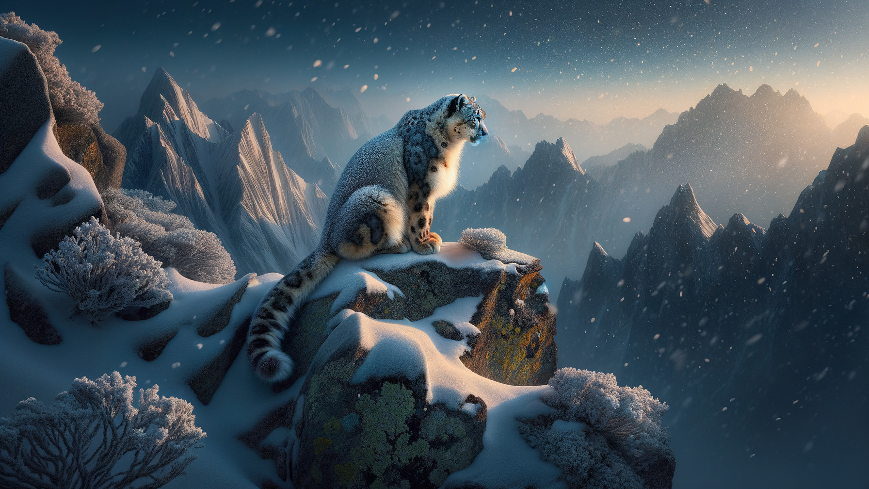 Snow Leopard on Rocky Outcrop in Alpine Landscape