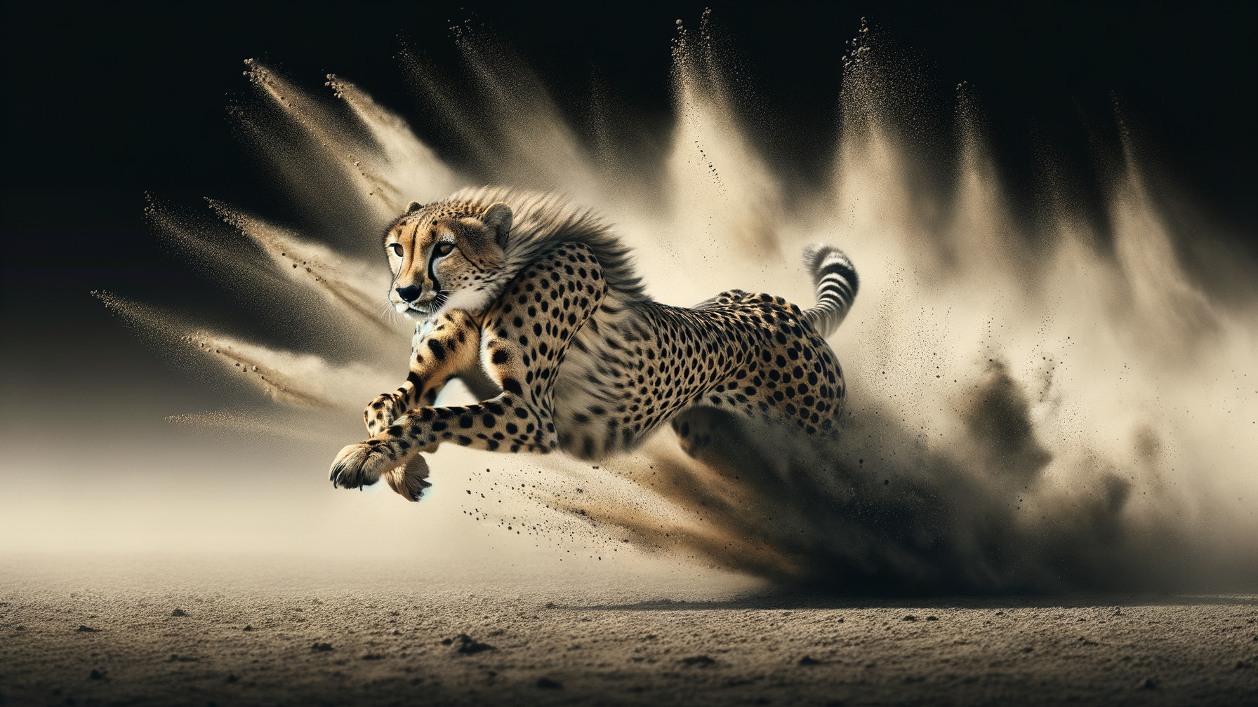 Cheetah Sprinting Across Sandy Landscape in Motion