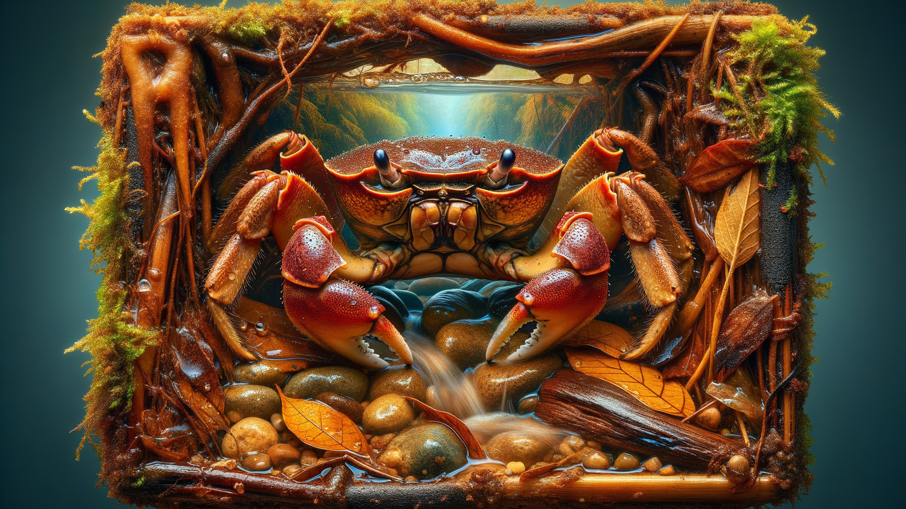 Intricate Crab Illustration Surrounded by Nature Elements