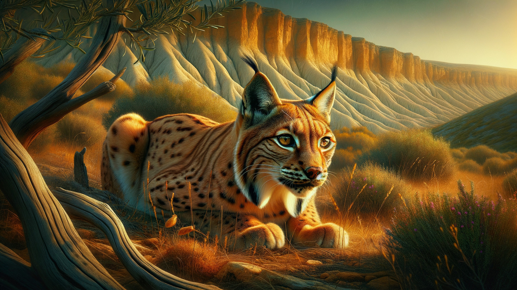 Majestic lynx resting in golden grasses at sunset