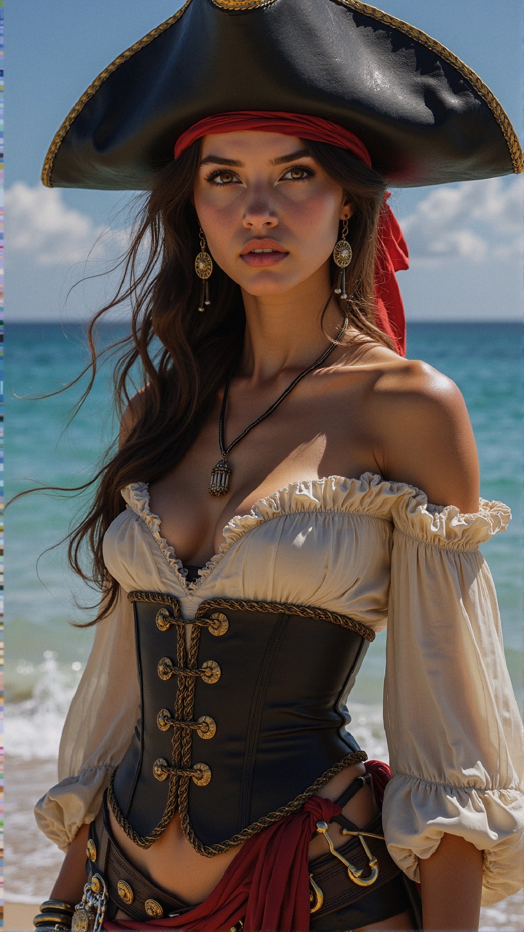 Woman in Pirate Outfit on Beach with Ocean Background