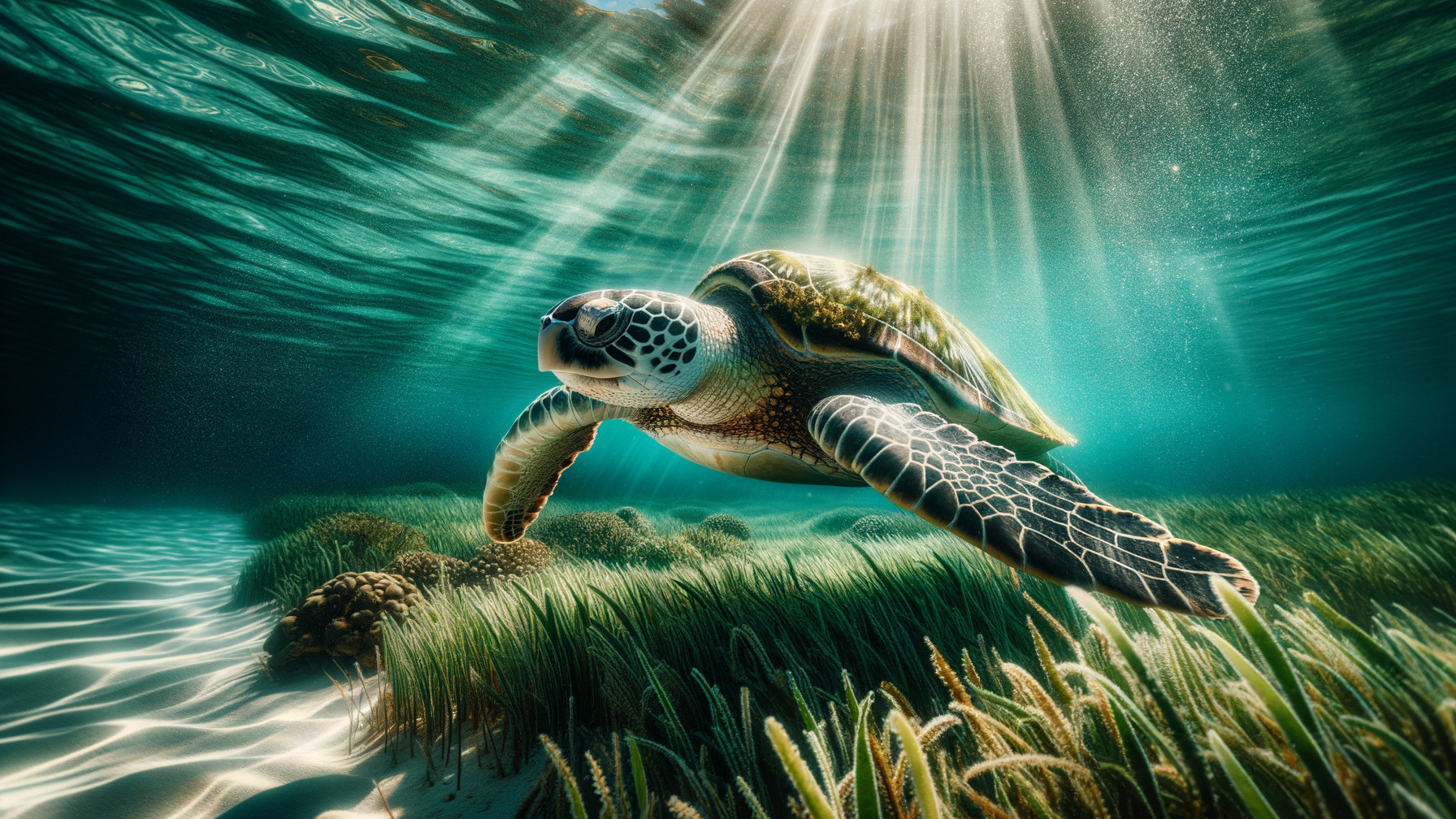 Majestic sea turtle in vibrant underwater landscape