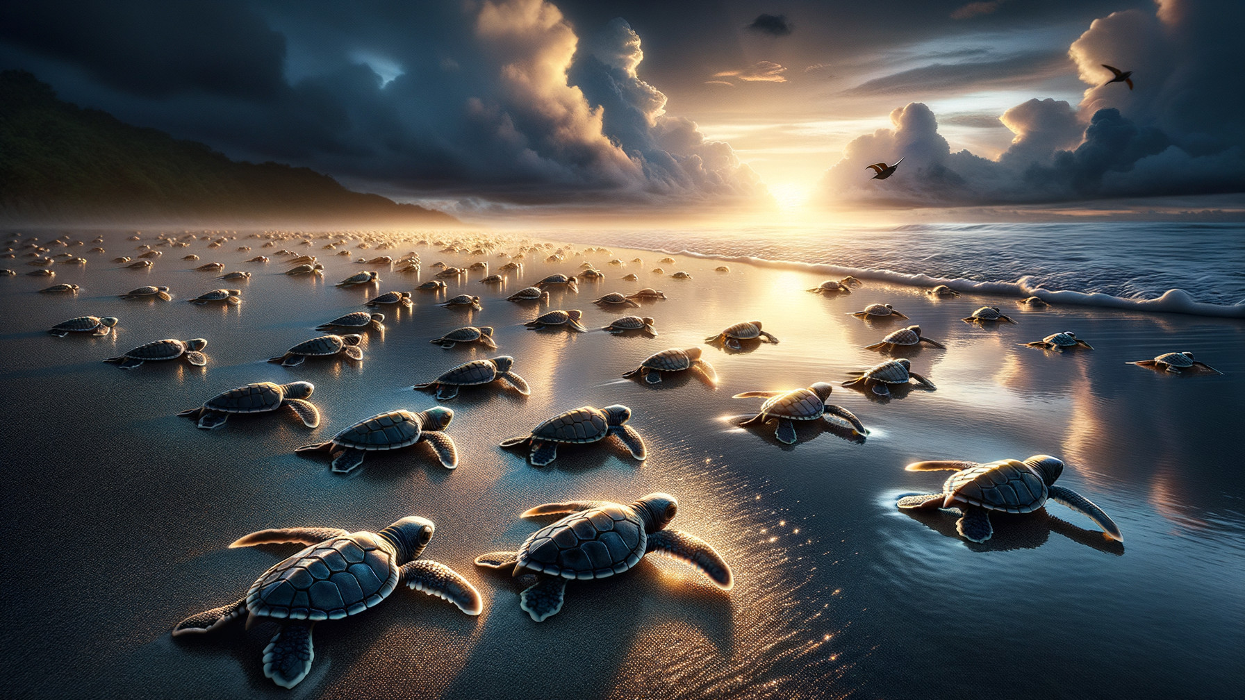 Beach at Dawn with Sea Turtles and Dramatic Clouds