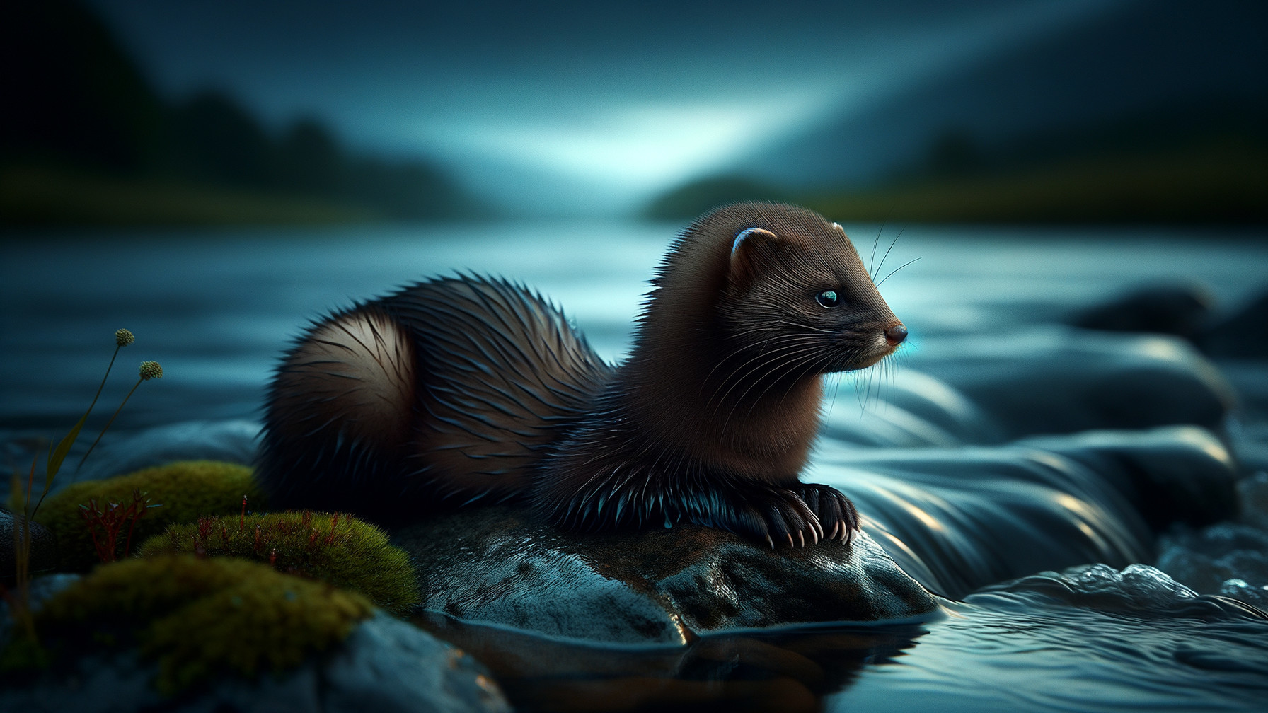 Small Mammal on Rock by Tranquil River and Mountains