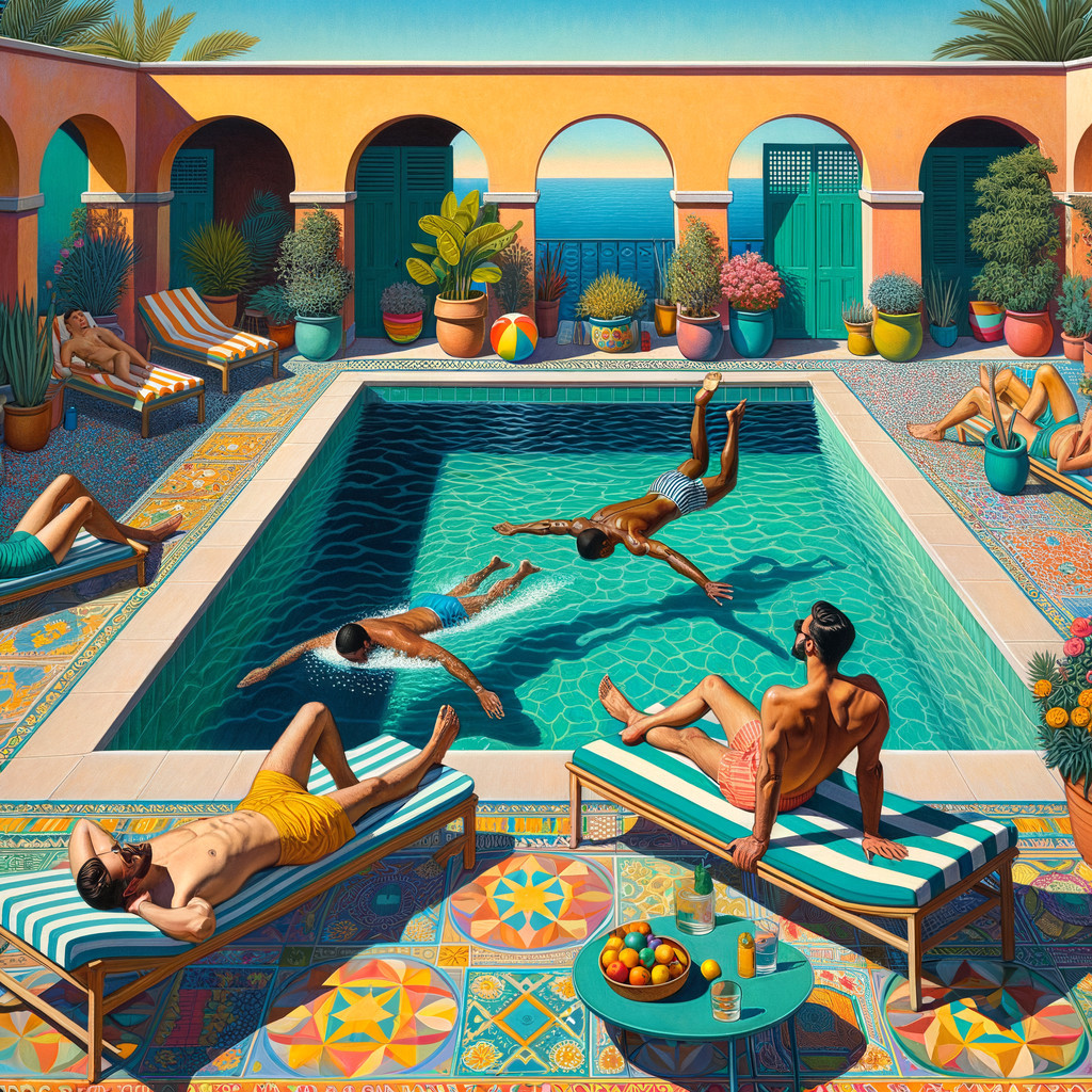 Vibrant Pool Area with Colorful Tiles and Greenery
