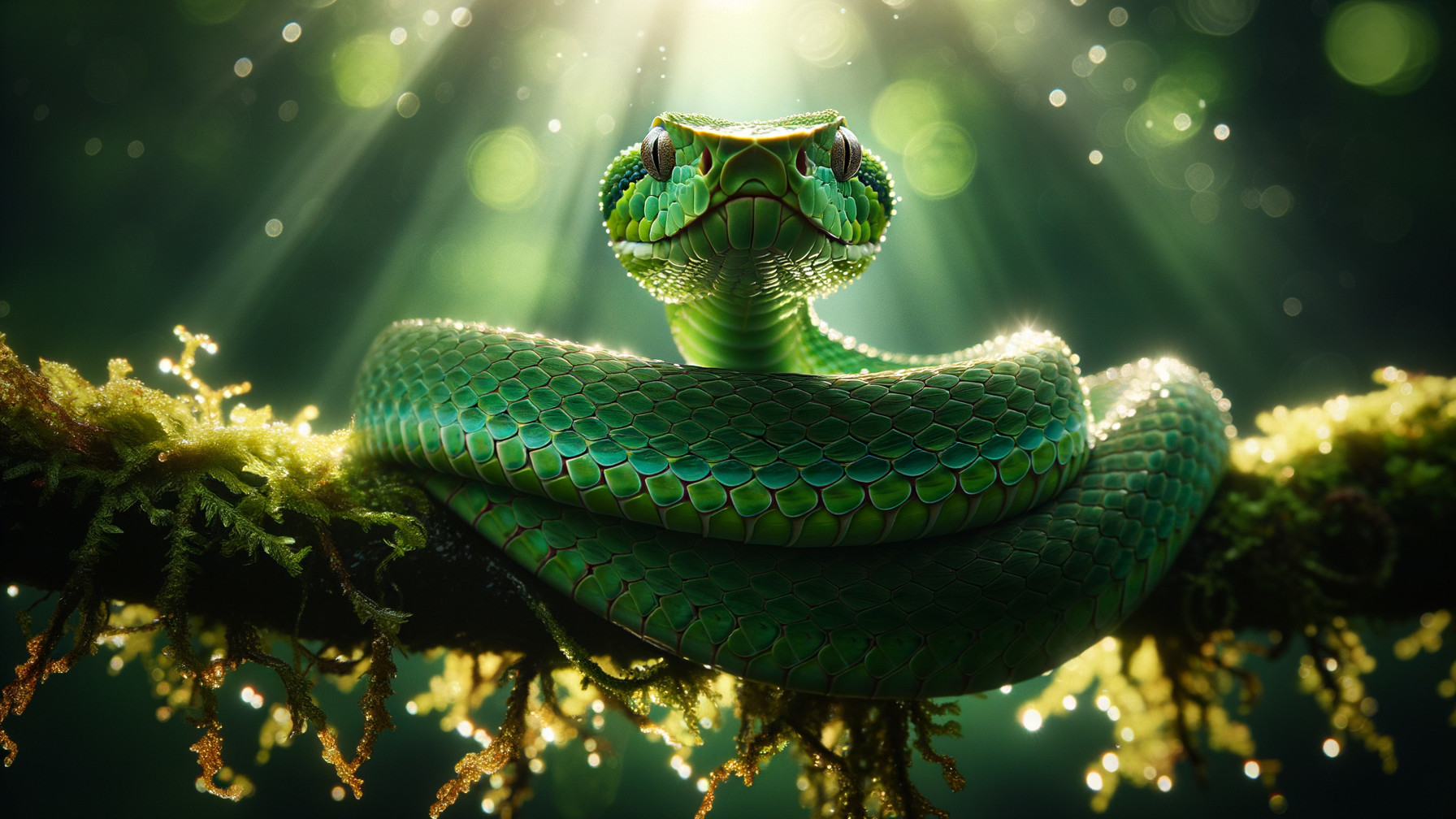 Vibrant Green Snake on Mossy Branch in Rainforest