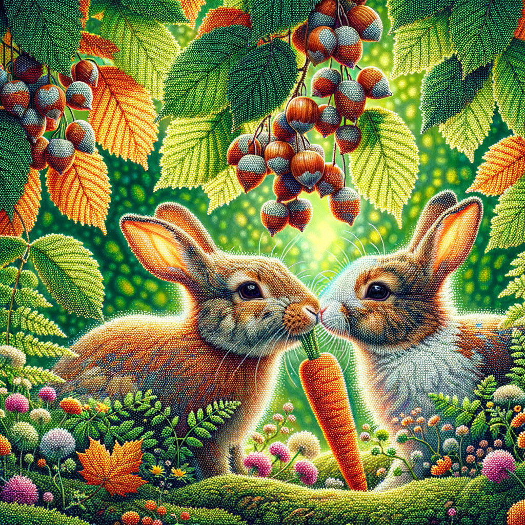 Rabbits Sharing a Carrot in a Lush Forest Setting