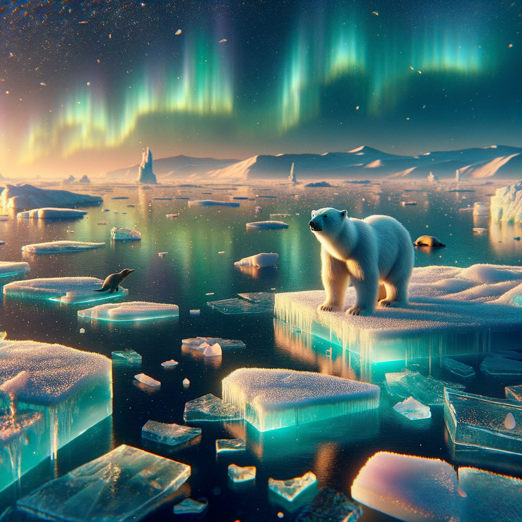 Polar Bear in Aurora Borealis Landscape with Ice Floes