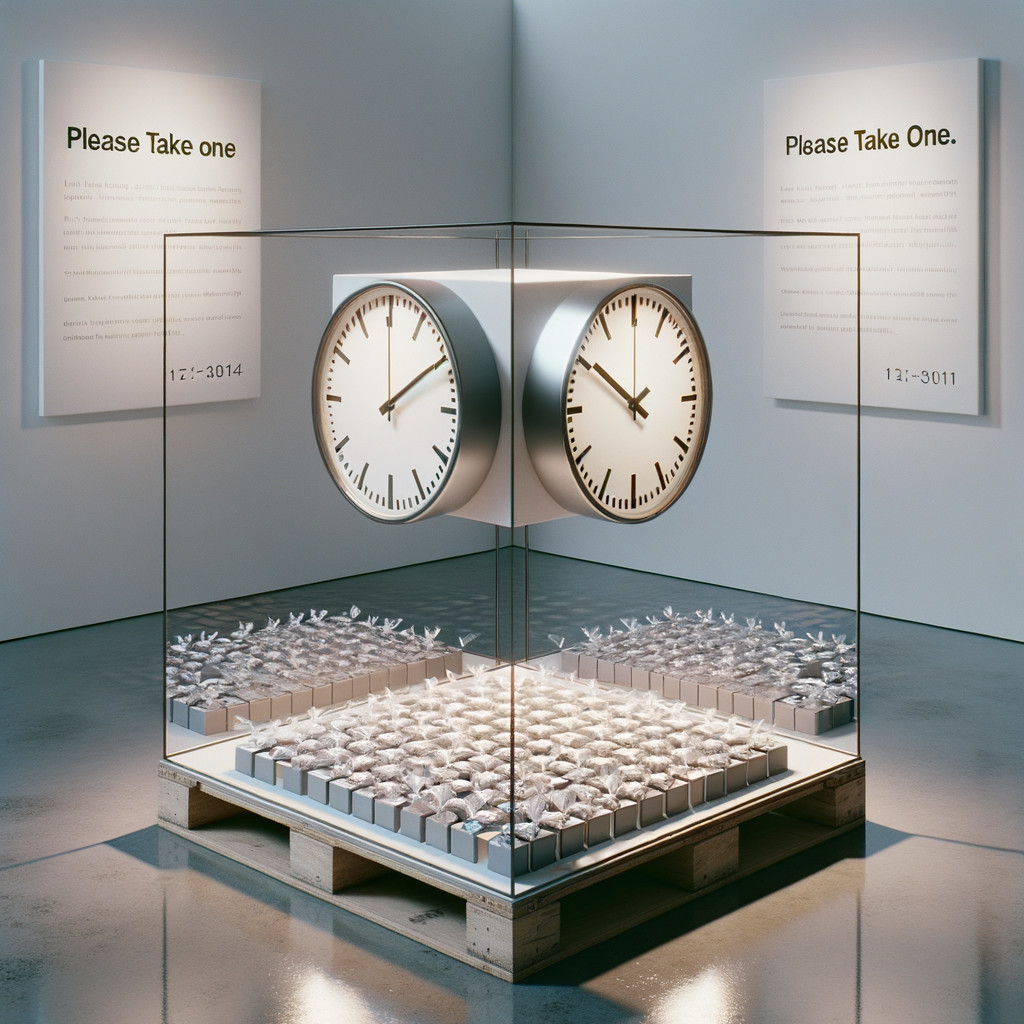 Modern art installation with clocks and wrapped boxes
