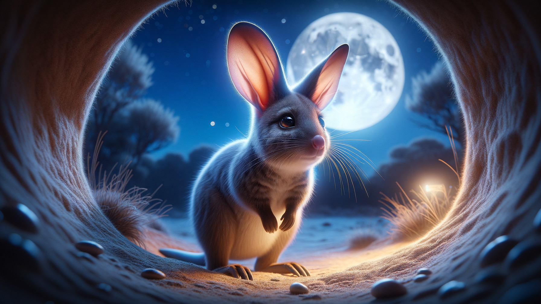 Desert Creature Under Moonlight with Burrow and Pebbles