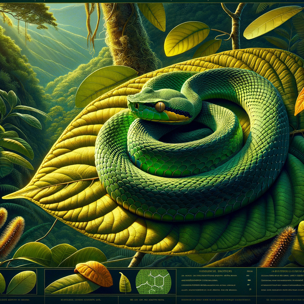 Green Snake on Leaf in Tropical Rainforest Setting
