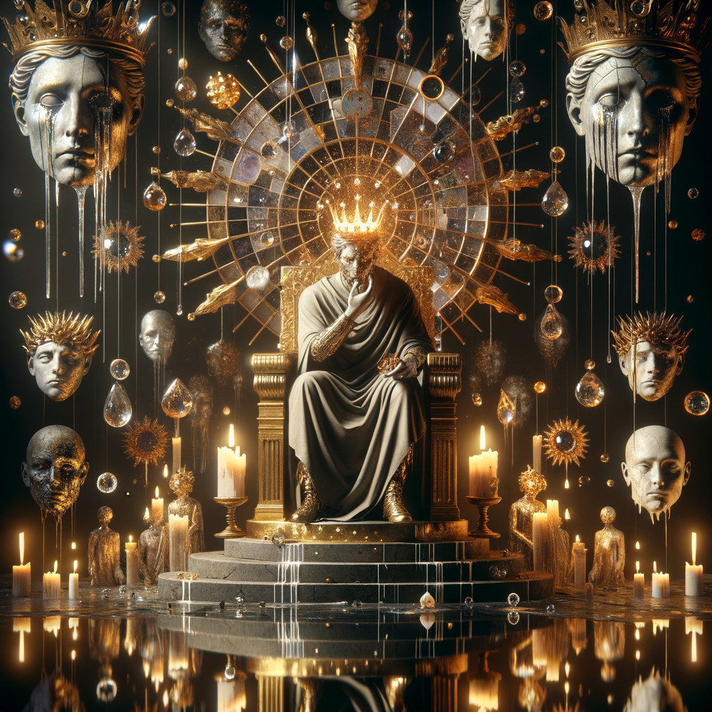 Majestic figure on ornate throne with illuminated decor