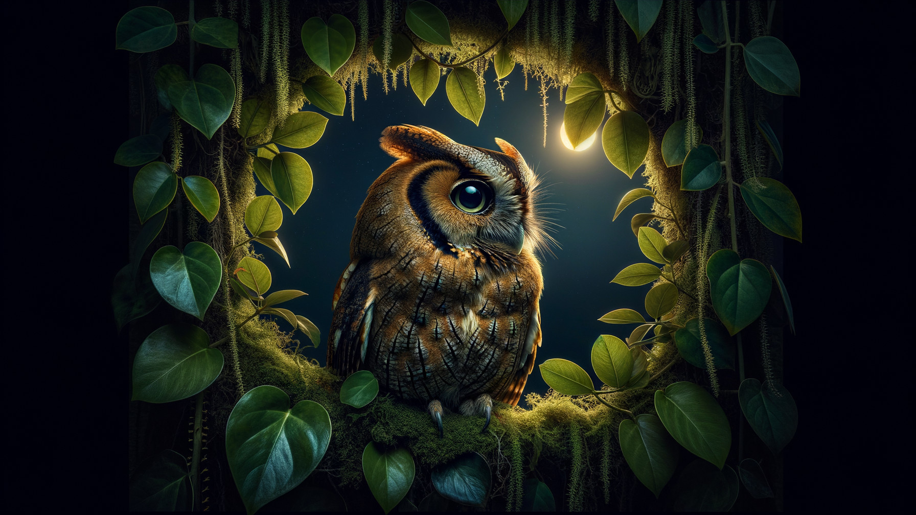 Majestic owl in leafy frame with vibrant foliage
