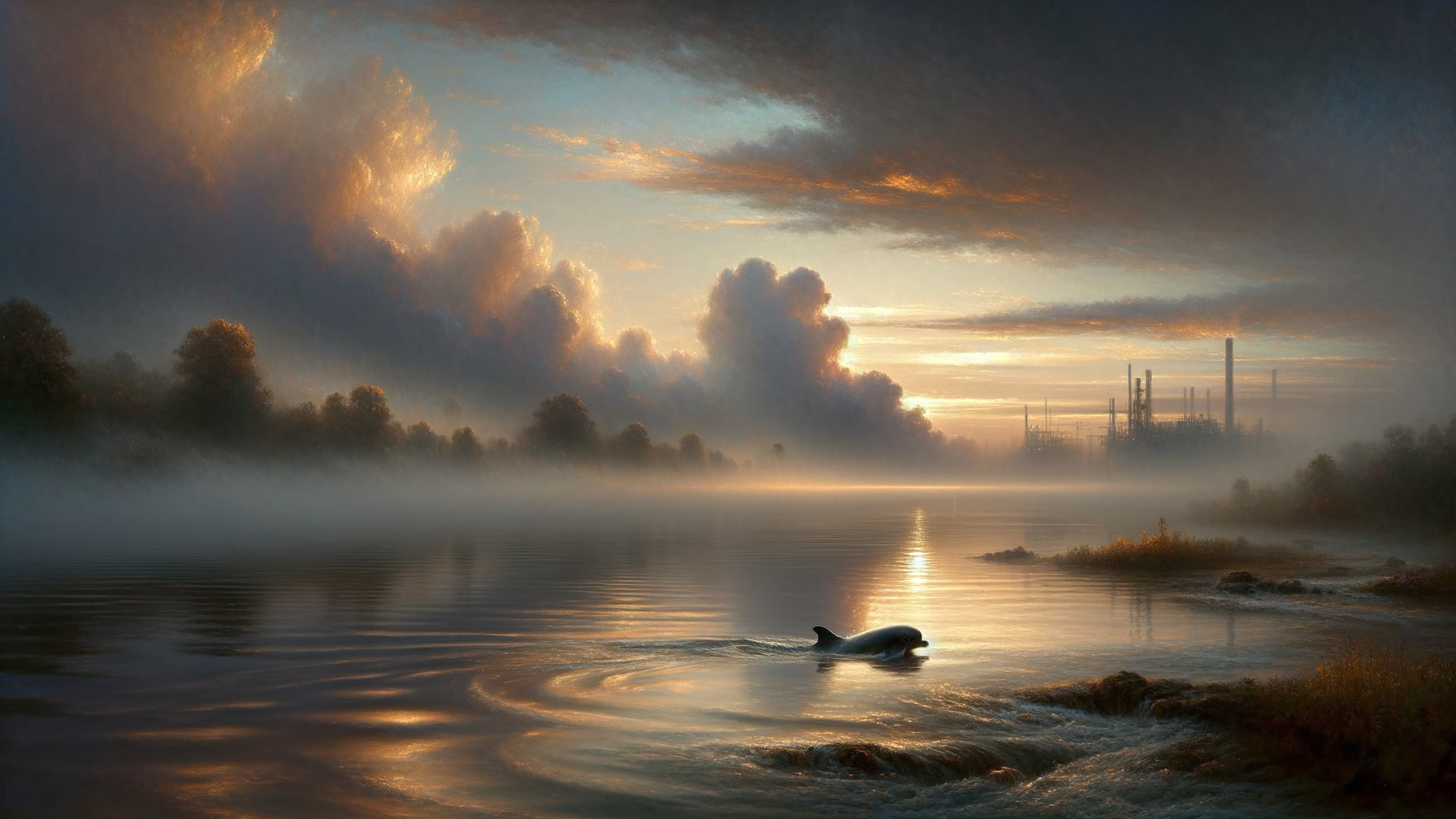 Serene Dawn Landscape with River and Whale Surface