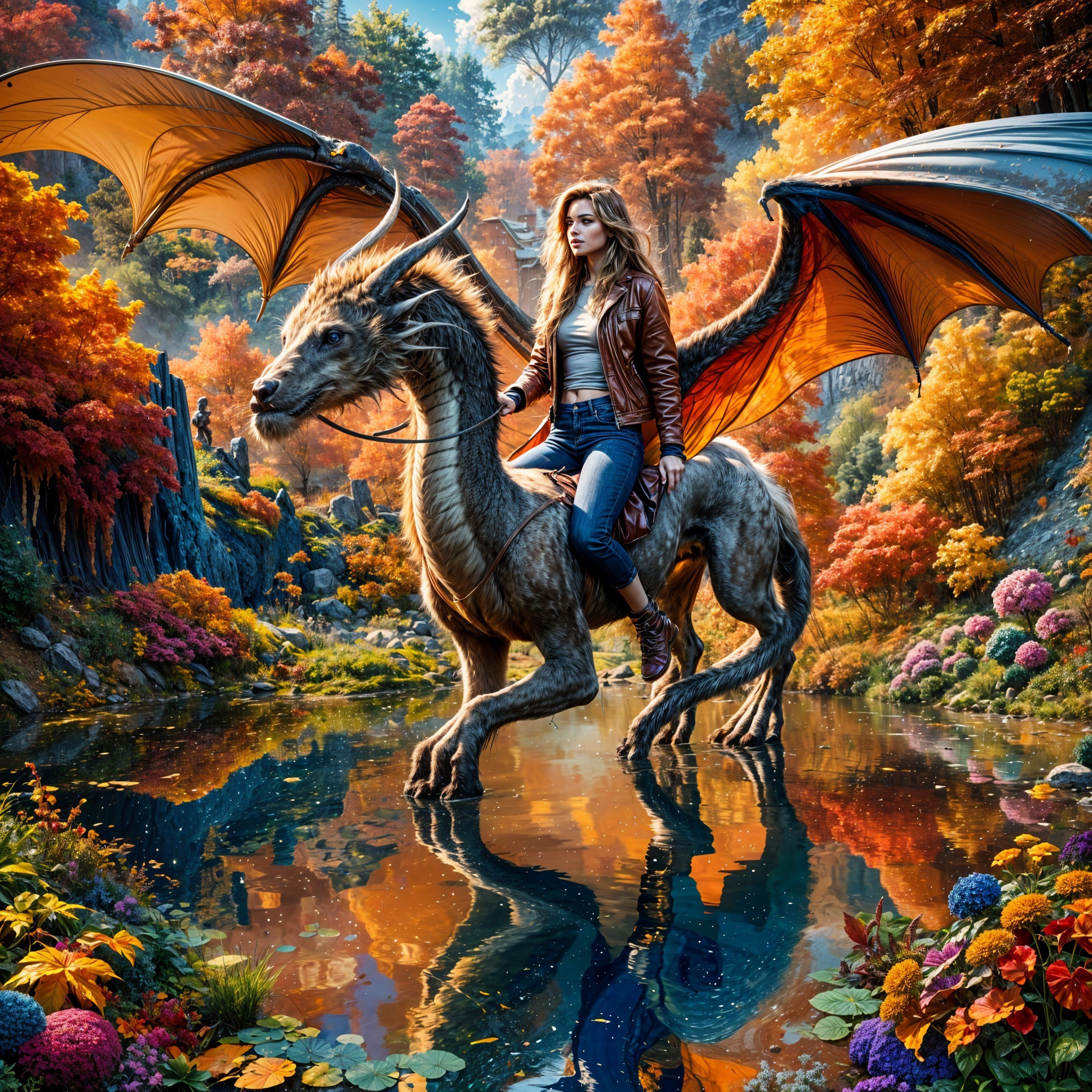Young Woman Riding Dragon in Autumn Landscape
