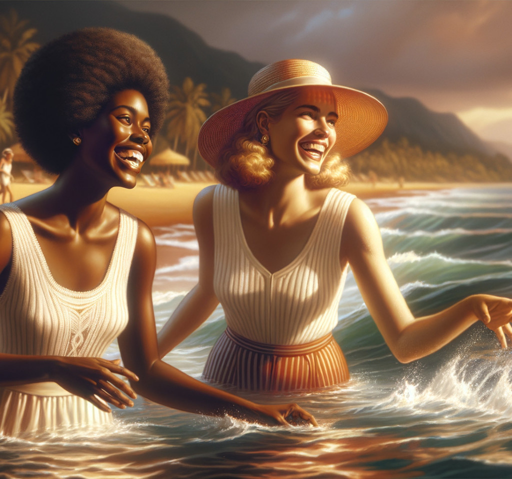 Joyful Women at Beach During Sunset in Tropical Scene