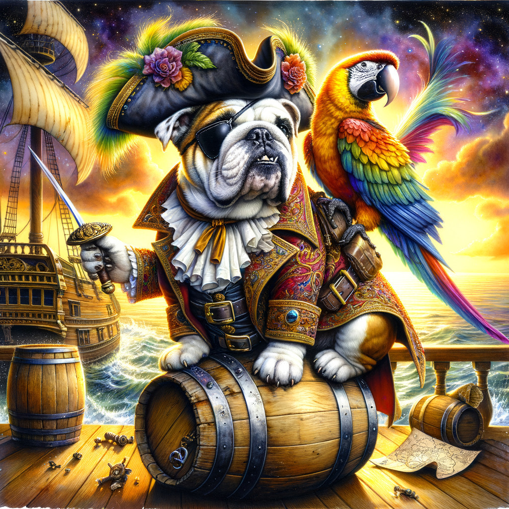 Bulldog Pirate on Ship Deck with Colorful Parrot