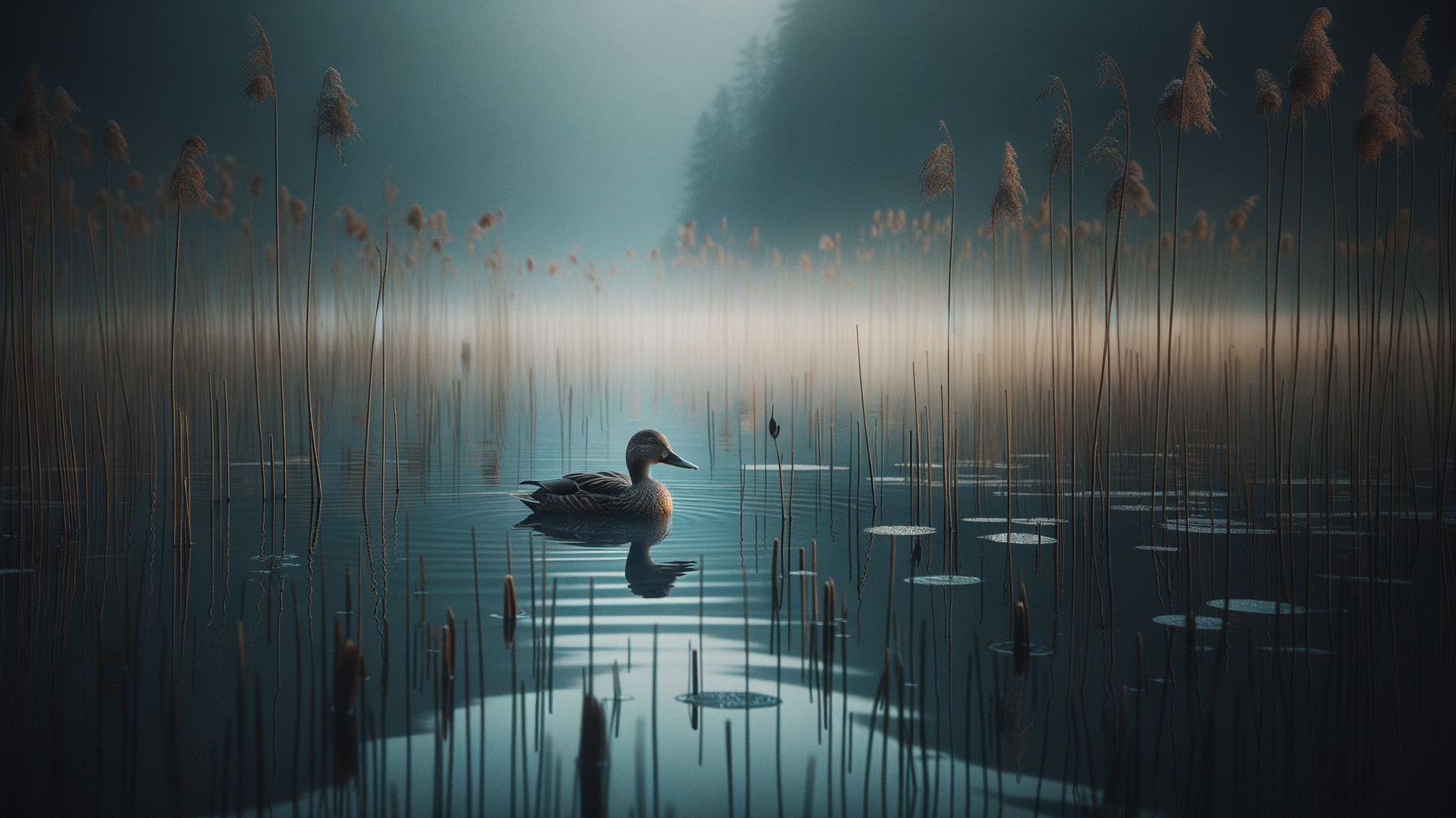Tranquil Lake Landscape with Mist and Silhouetted Reeds