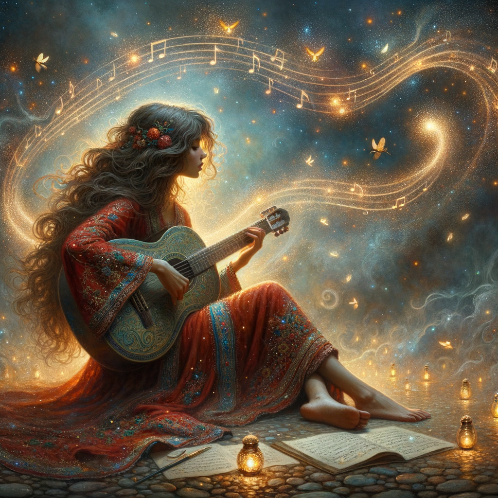 Mystical Scene of a Young Woman Playing Guitar
