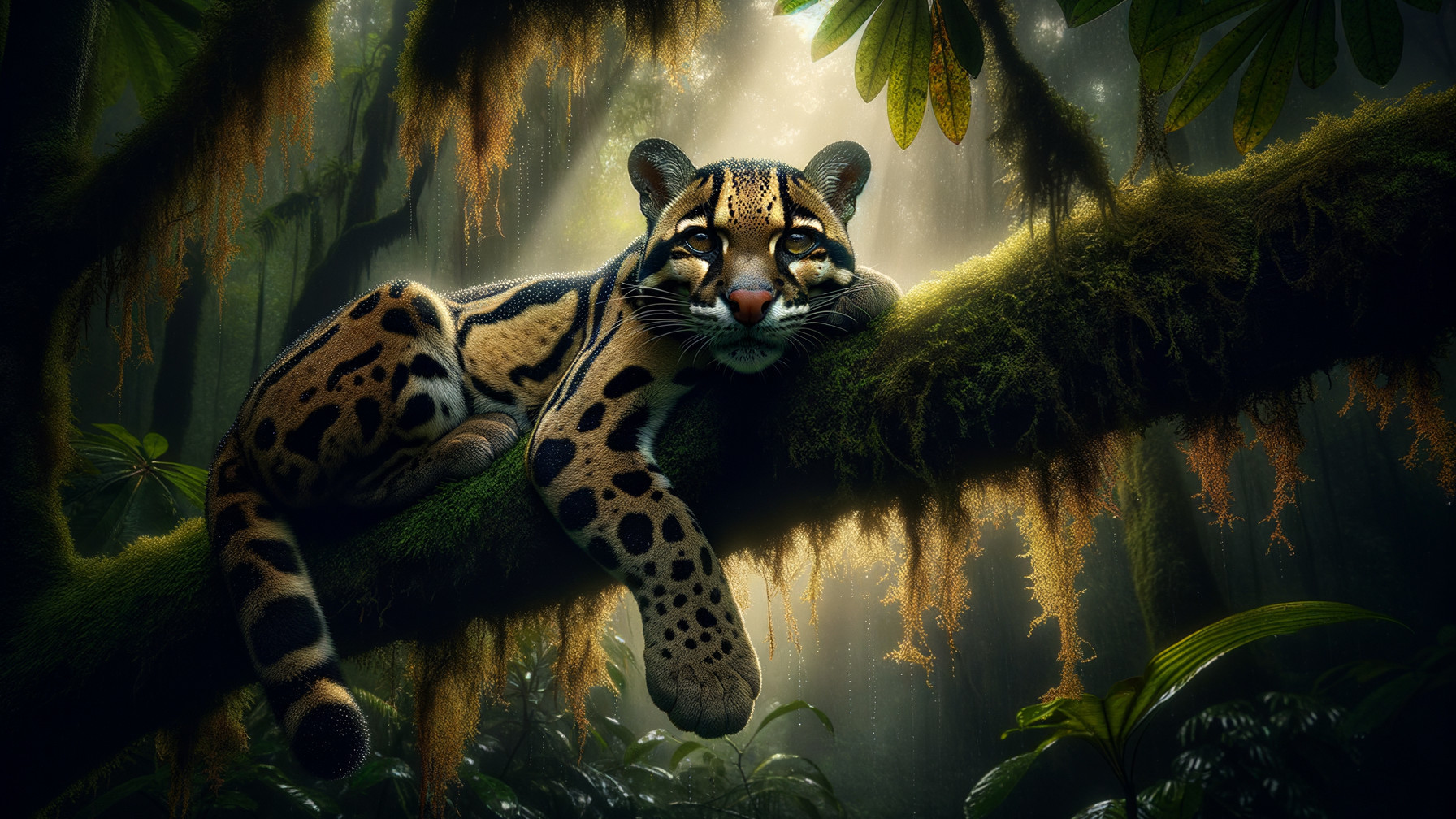 Jaguar Relaxing on Moss-Covered Tree in Jungle