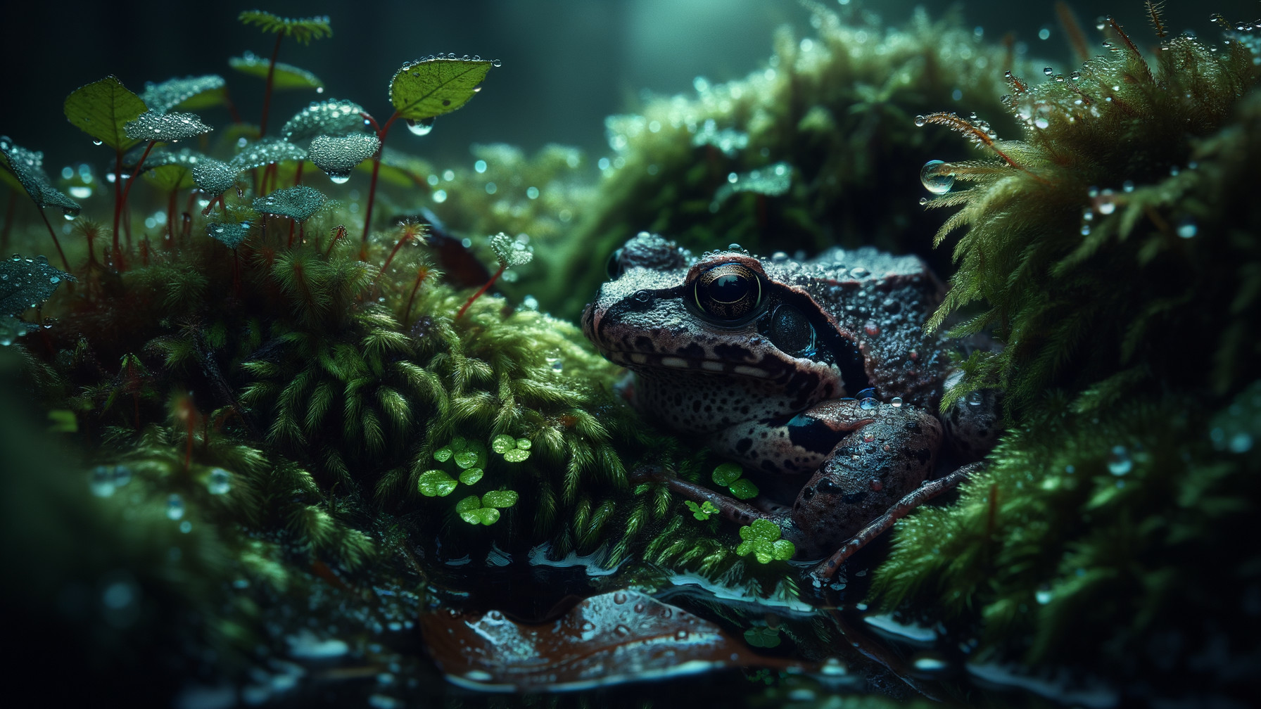 Close-up of a frog on green moss with water droplets