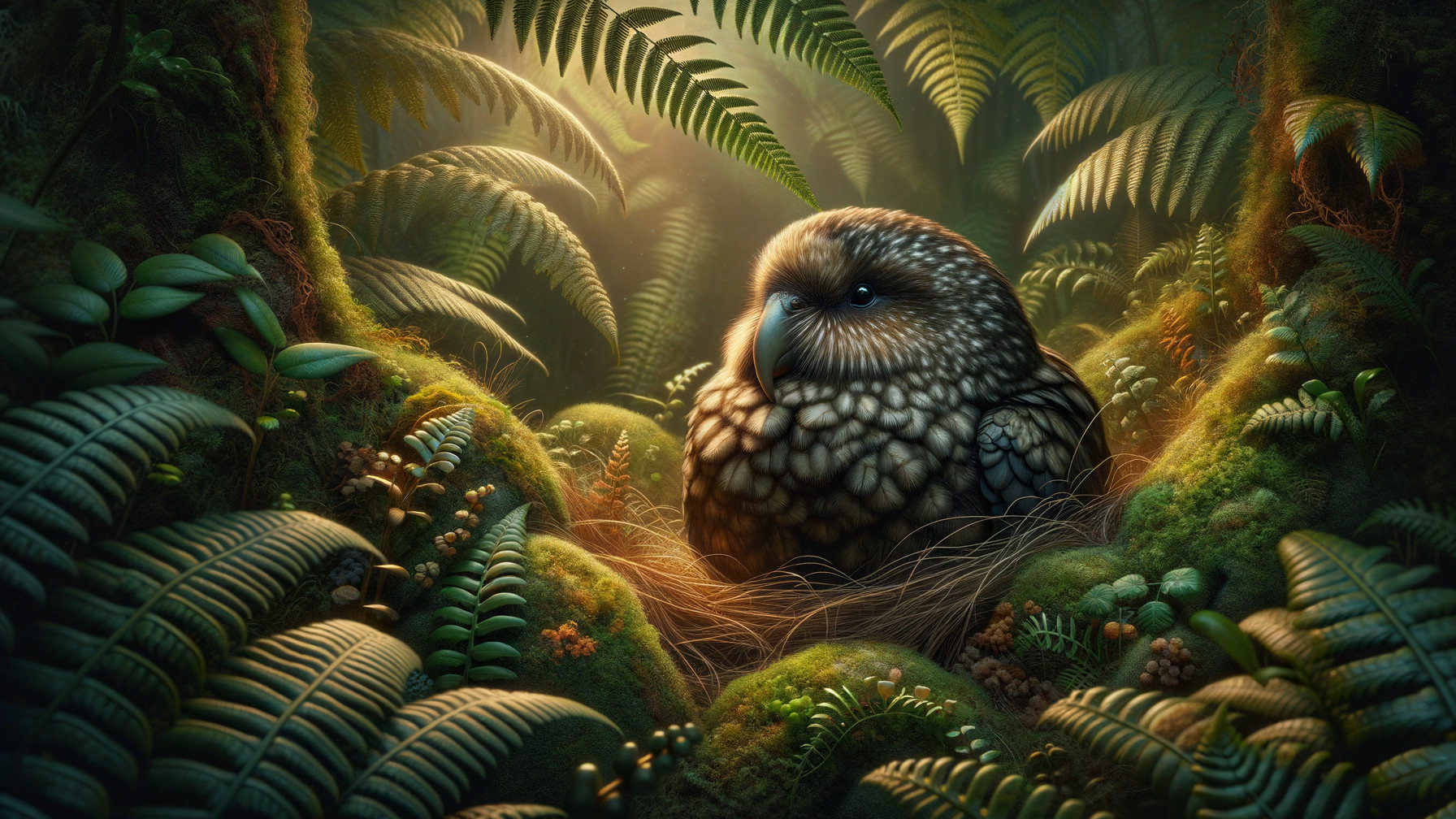 Fluffy Owl Nestled Among Ferns in Lush Greenery