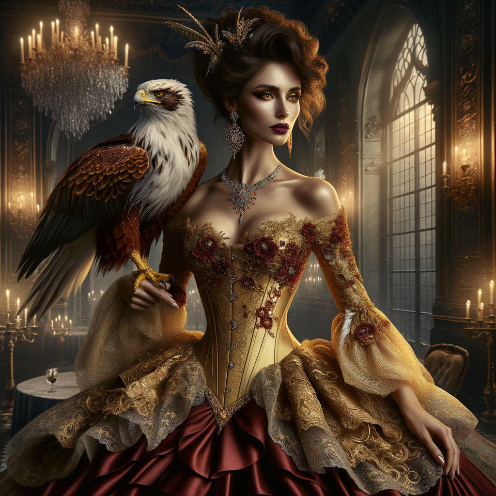 Woman in Golden Gown with Eagle in Regal Setting