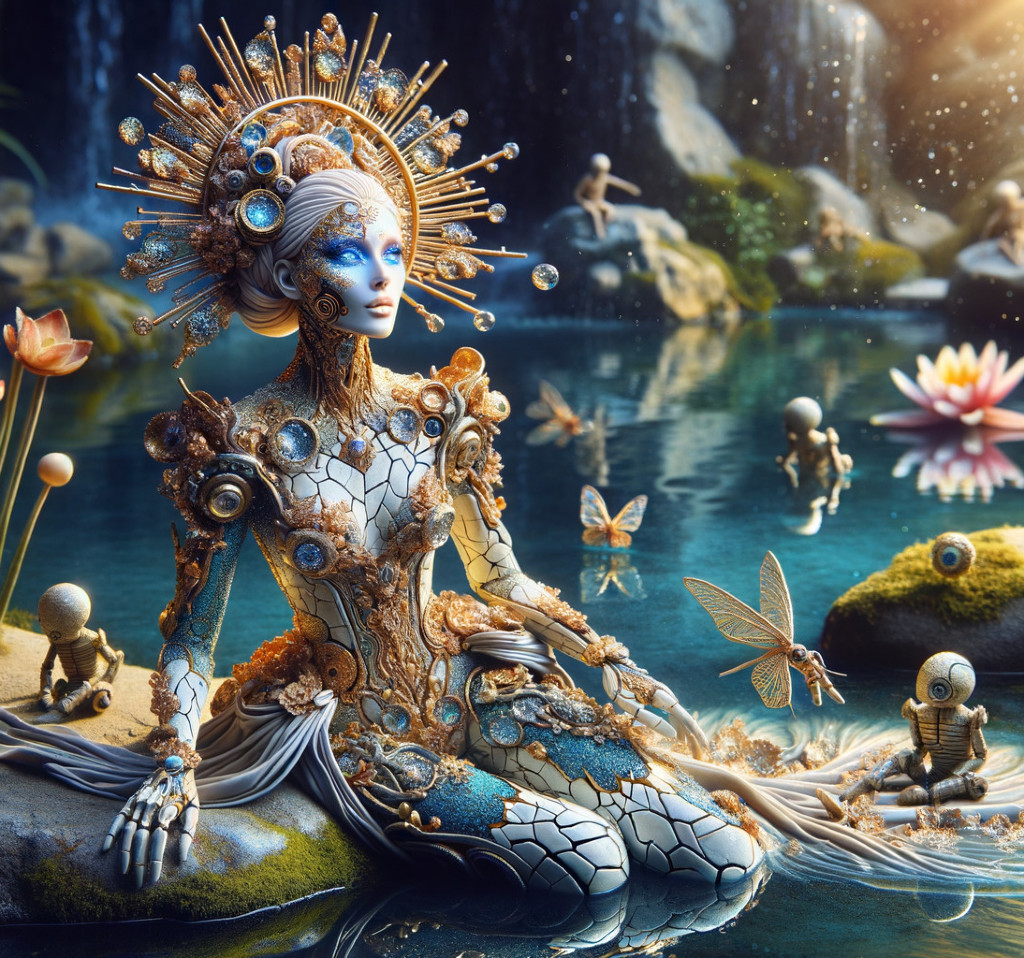 Futuristic figure by tranquil water in metallic attire