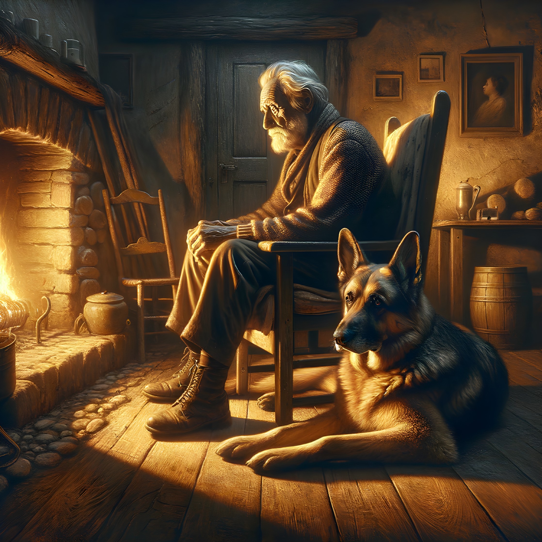 Elderly man and German Shepherd in a cozy room
