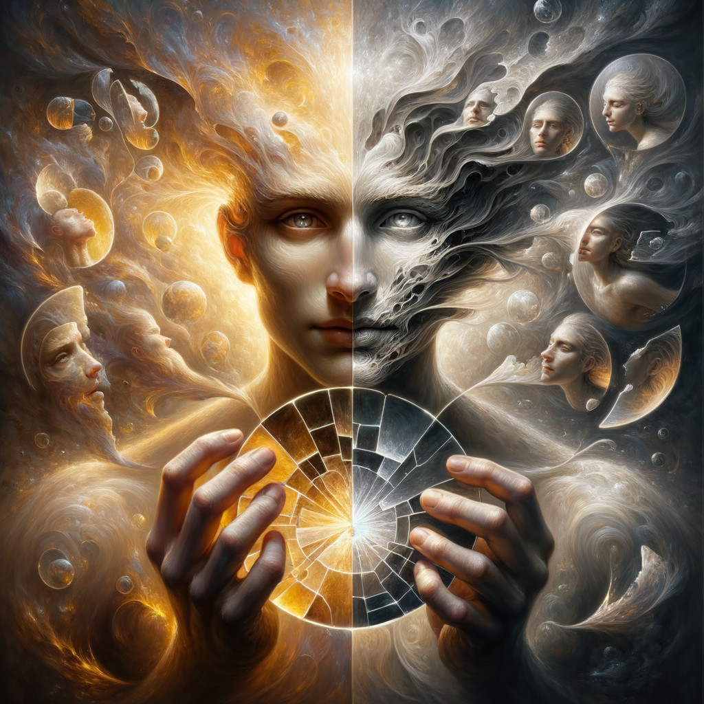 Ethereal Figures with Geometric Orb Representing Duality