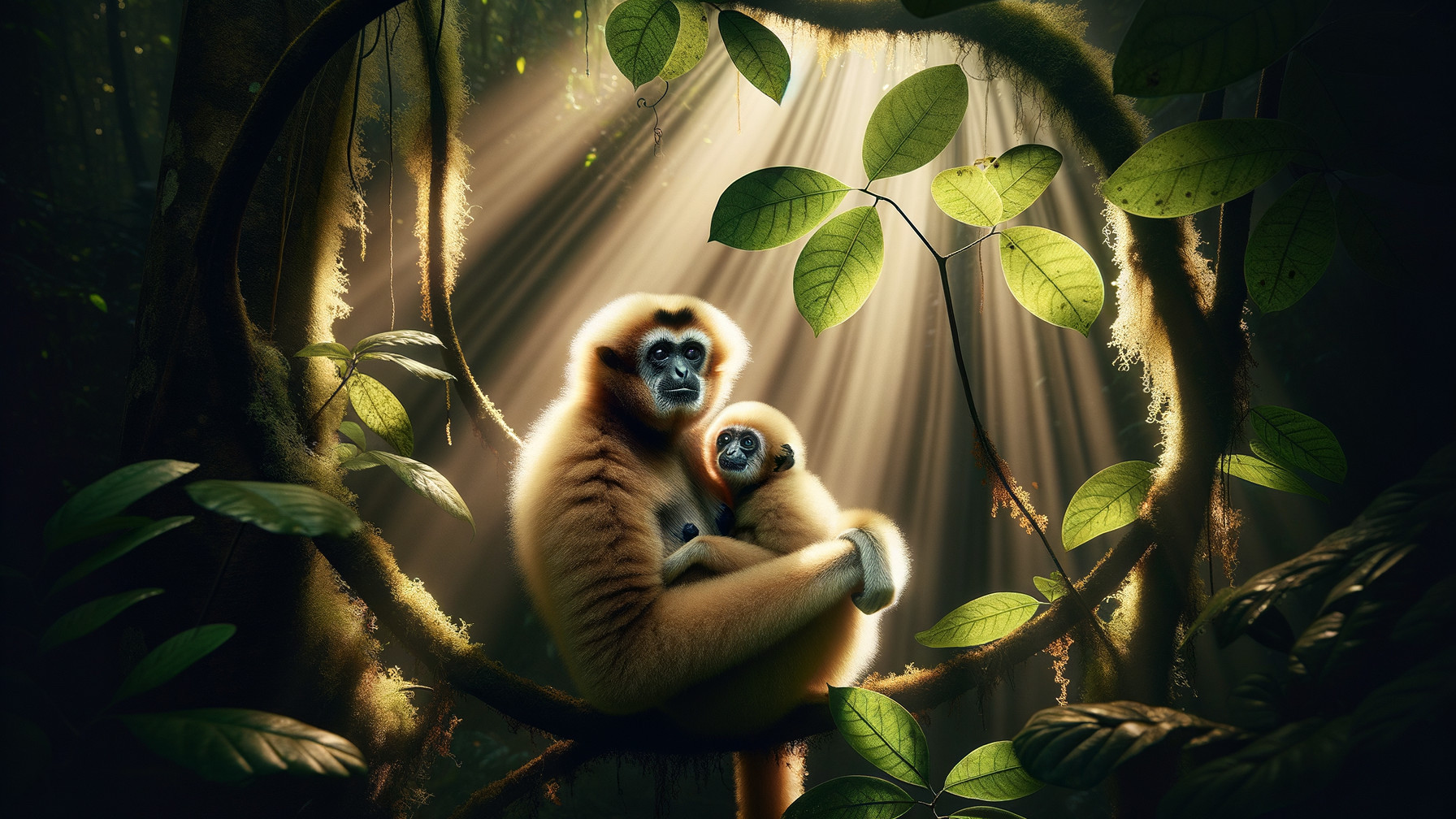 Mother Gibbon Cradles Baby in Lush Jungle Setting