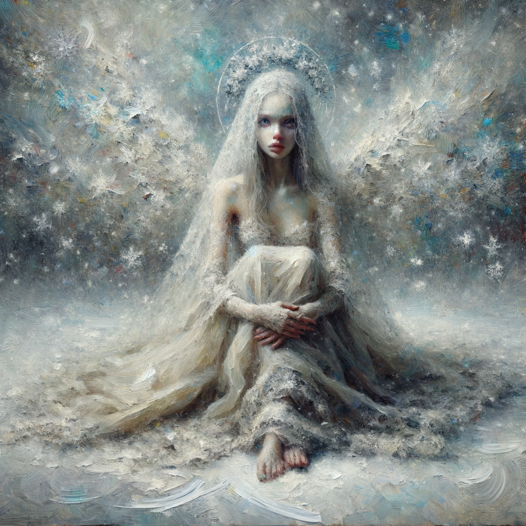 Ethereal figure in gown on snow-covered ground