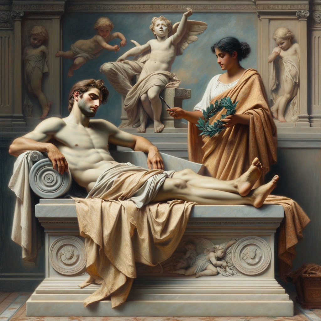 Classical Scene of Young Man and Woman with Laurel Branch