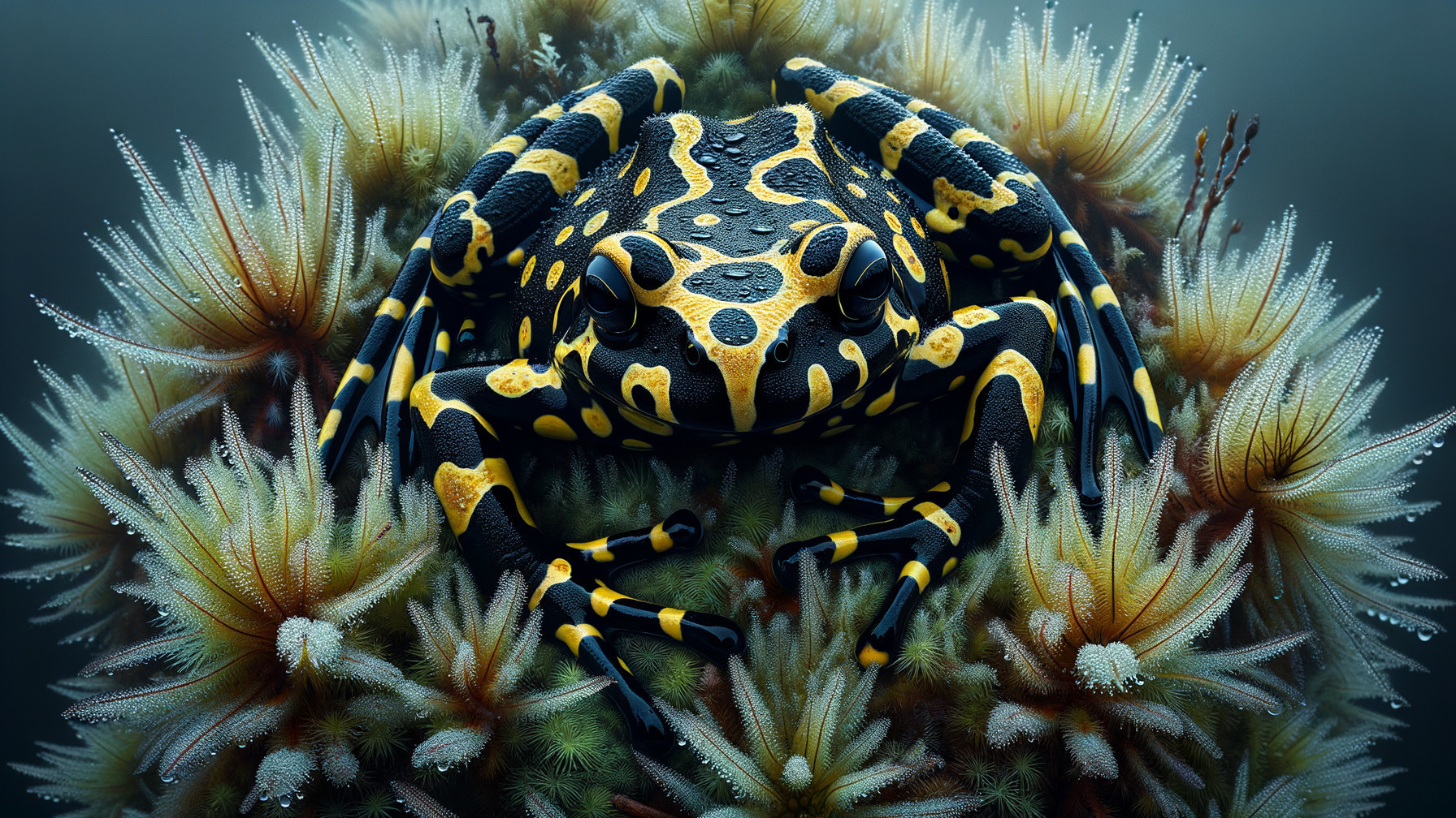 Black and Yellow Frog on Dewy Mossy Surface