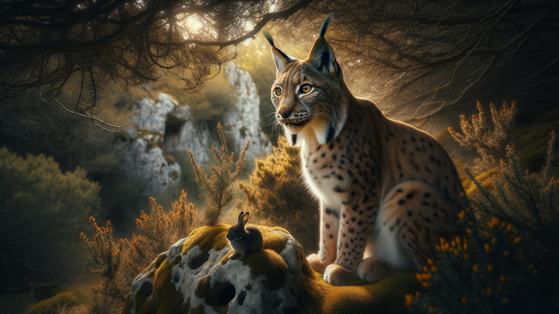 Lynx and Rabbit in a Serene Forest Setting