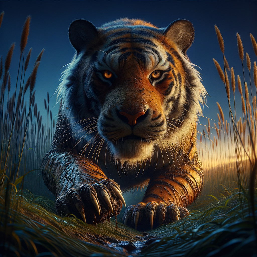 Majestic tiger in tall grass at sunset backdrop