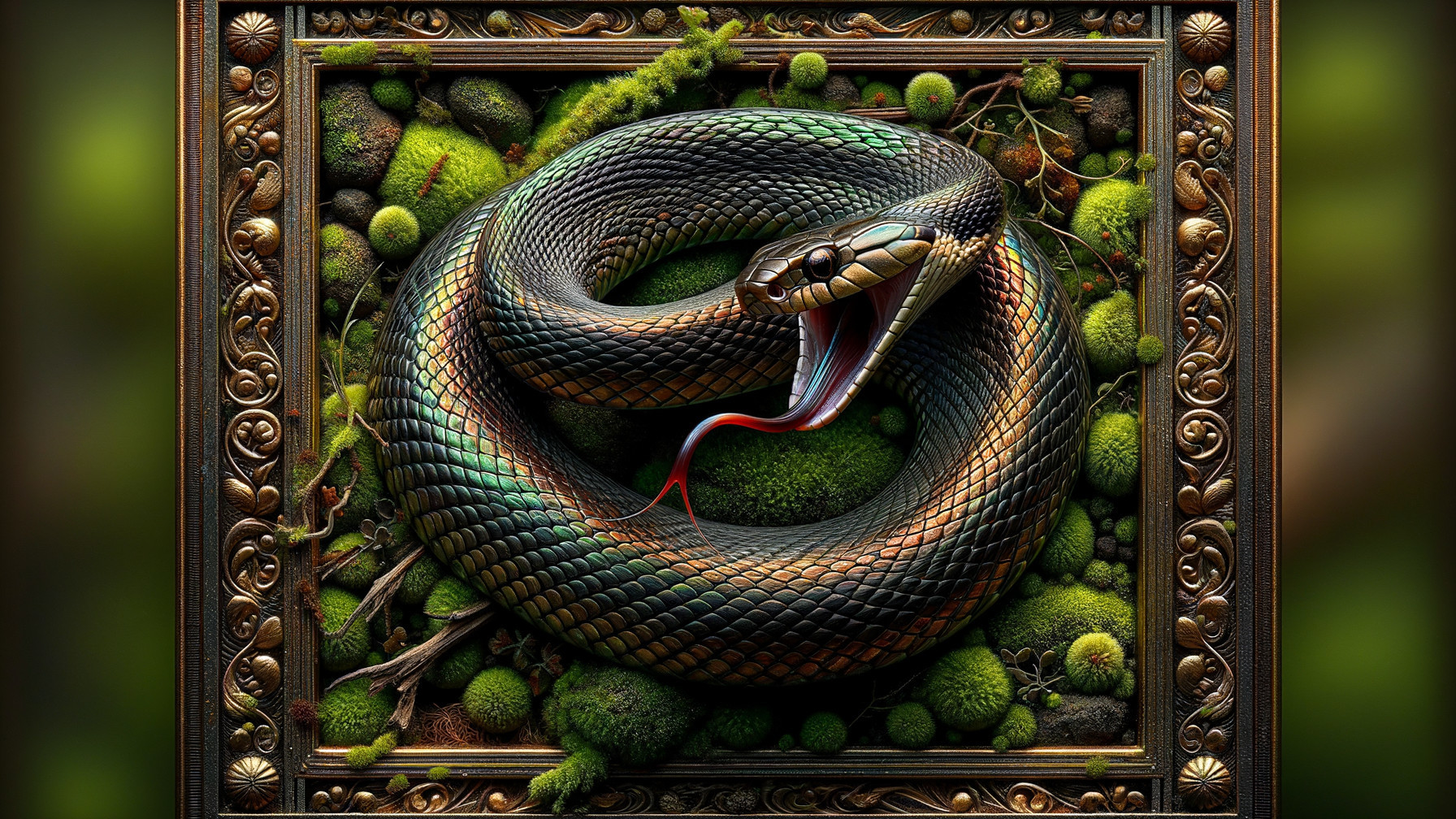 Vibrant Snake Coiled in Ornate Frame with Detailed Scales