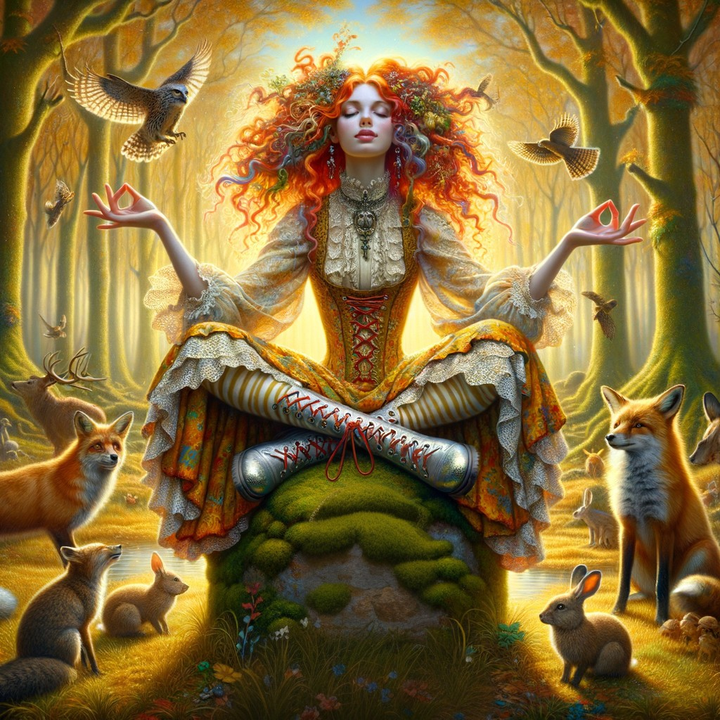 Woman Meditating in a Golden Light Forest Setting