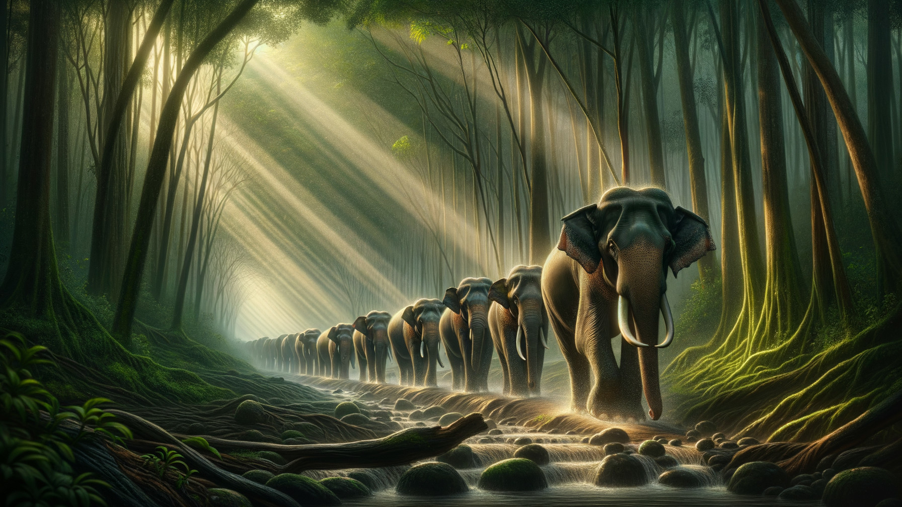 Elephants Walking Along a Sunlit Forest Stream